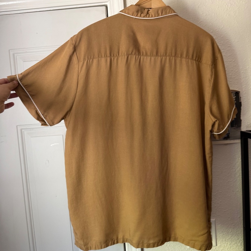 DUVIN khaki tan contrast piping short sleeve button up shirt - Picture 6 of 8